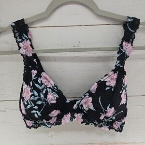 Victorias Secret Bra Lace Bralette XL Black Pink‎ Floral Lined Cups Wireless
